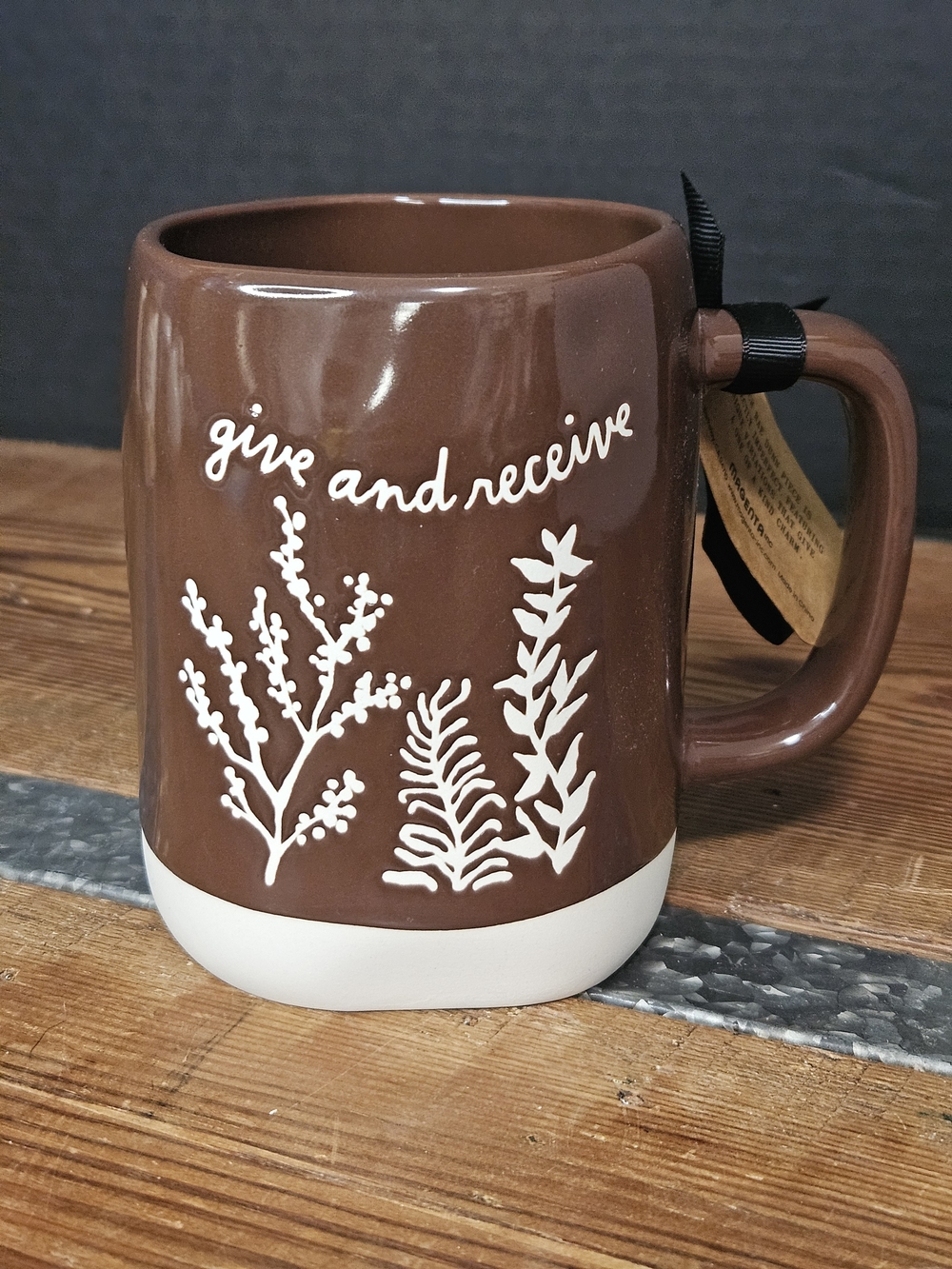 Rse Dunn Give and Receive Brown Ceramic Mug with White Botanical Design
